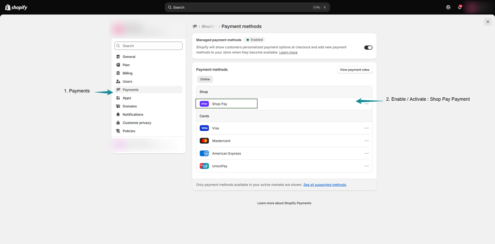 Enable Shop Pay in Shopify Admin